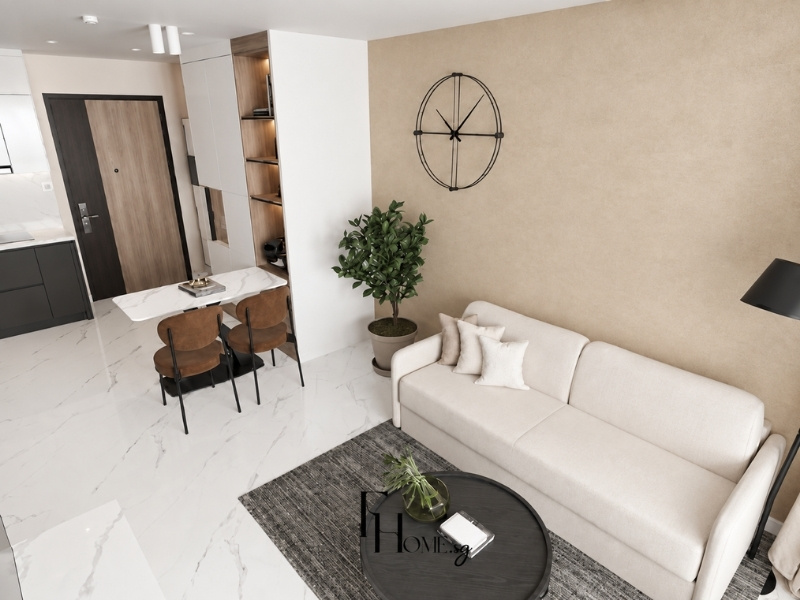 Mẫu phòng khách căn hộ 50m2 tối giản bài trí sofa văng kem cạnh bàn ăn nhỏ