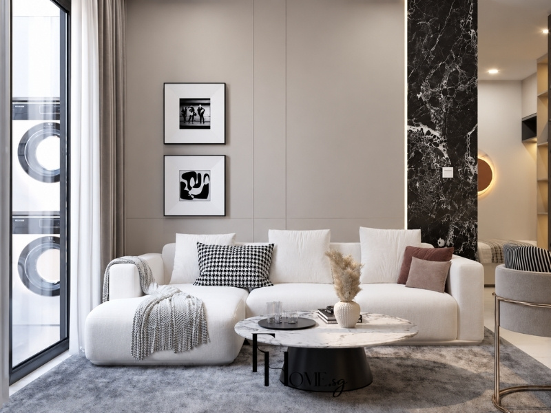 Mẫu phòng khách chung cư 50m2 hiện đại đặt sofa chữ L đón ánh sáng ban công