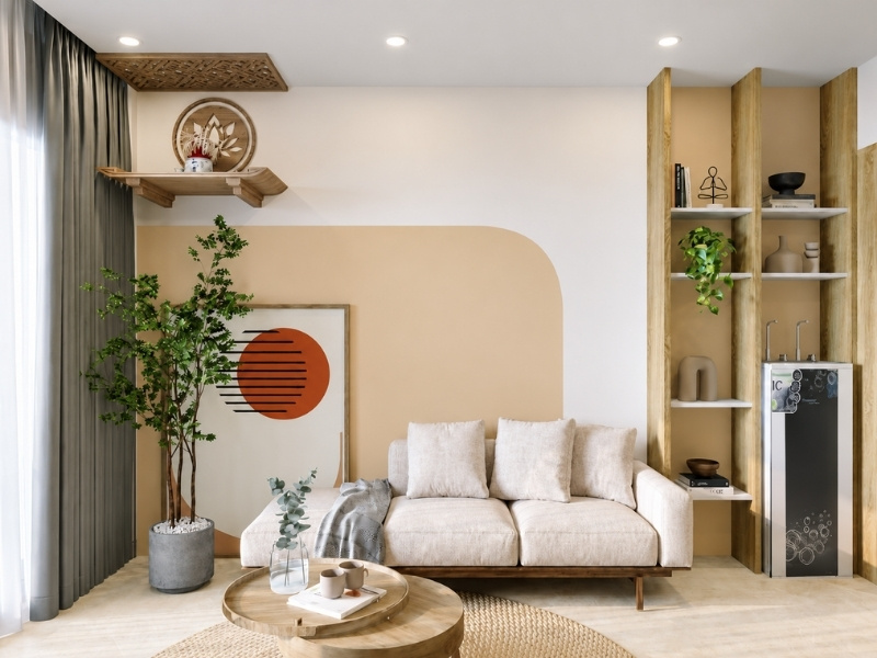 Mẫu phòng khách chung cư 50m2 phong cách Japandi đặt sofa dáng thấp cạnh thảm cói tròn