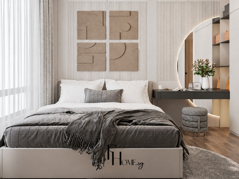 Mẫu phòng ngủ Master căn hộ 50m2 thiết kế bàn trang điểm gắn gương tròn viền LED