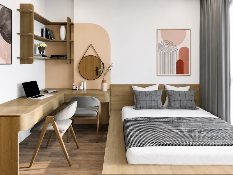 Mẫu phòng ngủ căn hộ 50m2 phong cách Japandi thiết kế giường phản gỗ sồi mộc mạc