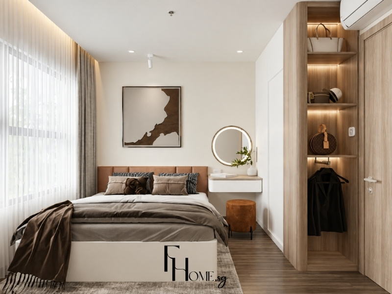 Mẫu phòng ngủ chung cư 50m2 phong cách tối giản bố trí bàn trang điểm gương tròn