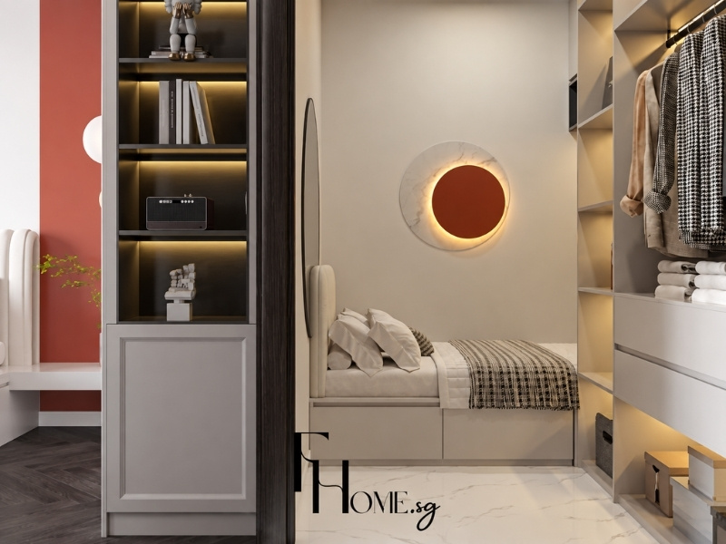 Mẫu phòng ngủ nhỏ căn hộ 50m2 hiện đại dùng giường bục kết hợp tủ kịch trần
