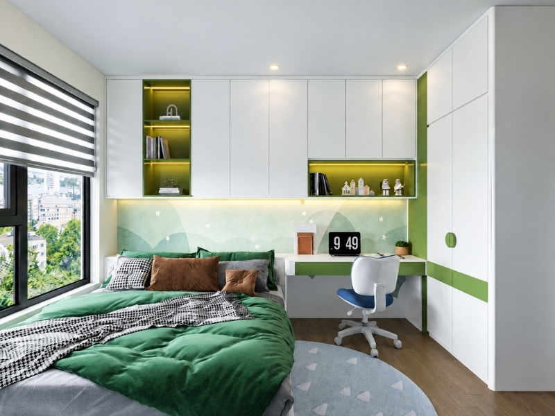 Mẫu phòng ngủ nhỏ căn hộ 50m2 tone xanh sinh động với bàn học liền tủ kịch trần