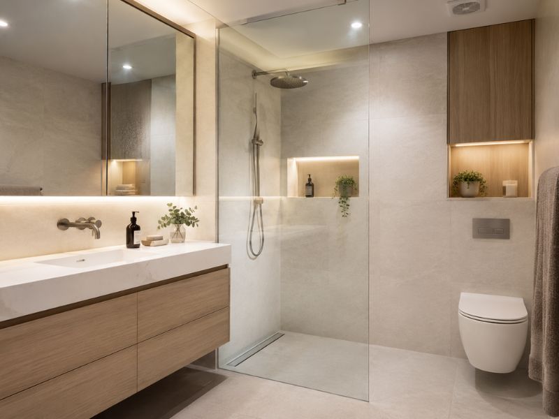 Nhà vệ sinh chung cư 50m2 tường gạch be trắng kích thước lớn tủ lavabo treo tường gỗ sồi rộng vách kính lớn hốc tường đèn LED