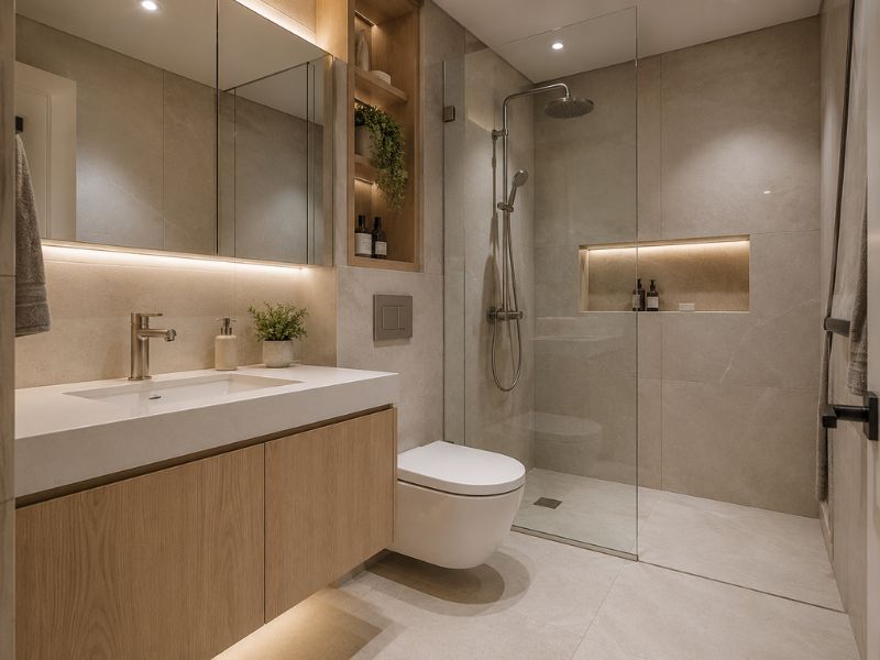 Nhà vệ sinh chung cư 50m2 tường gạch be nâu kích thước lớn tủ lavabo treo tường gỗ sồi tủ gương gỗ hốc tường đèn LED vách kính