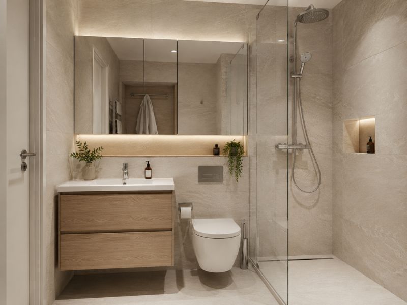Nhà vệ sinh chung cư 50m2 tường gạch be nhạt kích thước lớn tủ lavabo treo tường gỗ sồi nhỏ tủ gương đèn LED vách kính