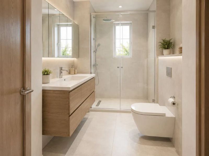 Nhà vệ sinh chung cư 50m2 tường gạch be kem kích thước lớn tủ lavabo treo tường gỗ sồi tủ gương vách kính trong suốt