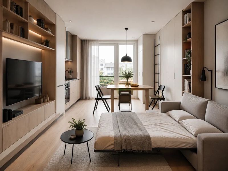 Nội thất đa năng chung cư 50m2 sofa giường mở rộng bàn ăn gấp ghế xếp đen tủ kịch trần gỗ sồi kệ hở đèn LED cửa kính