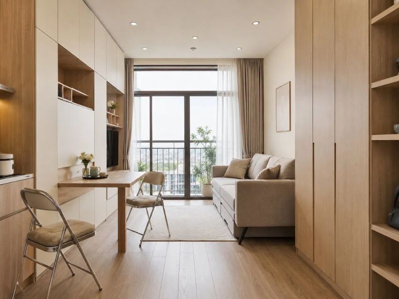 Nội thất đa năng chung cư 50m2 tủ kịch trần gỗ sồi trắng bàn gấp tích hợp tủ ghế xếp sofa ngăn kéo cửa kính ban công
