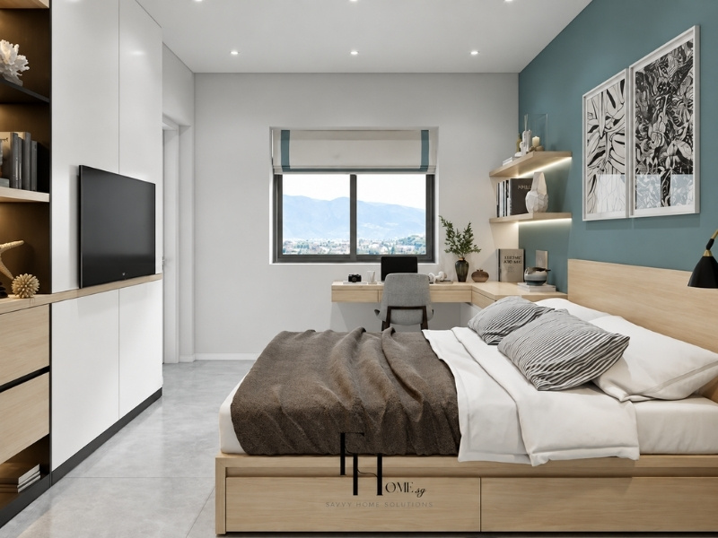 Nội thất thông minh chung cư 50m2 ứng dụng giường ngủ tích hợp ngăn kéo gầm và bàn làm việc chữ L