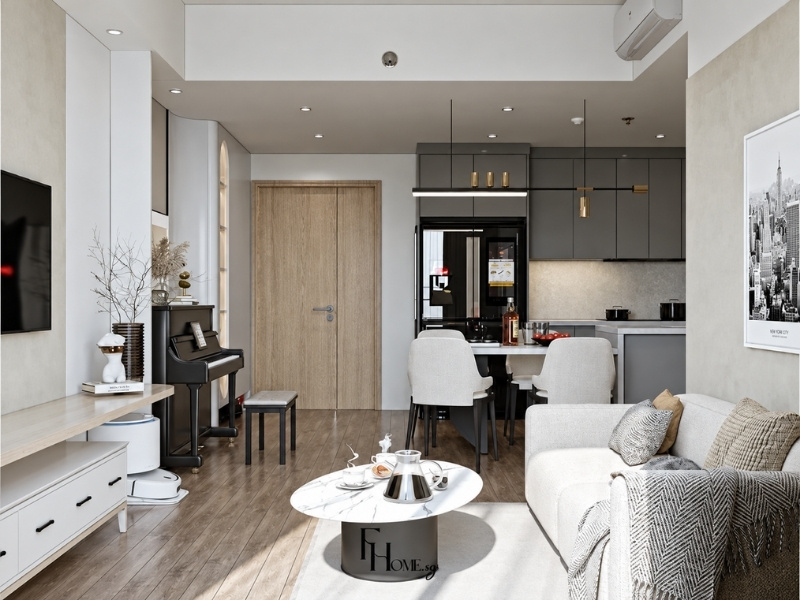 Phối màu nội thất chung cư 50m2 kết hợp sắc trắng chủ đạo và hệ tủ xám ghi