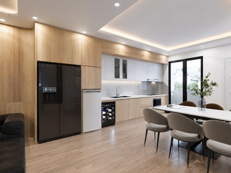 Phòng bếp chữ I căn hộ 45m2 với hệ tủ cao sát trần