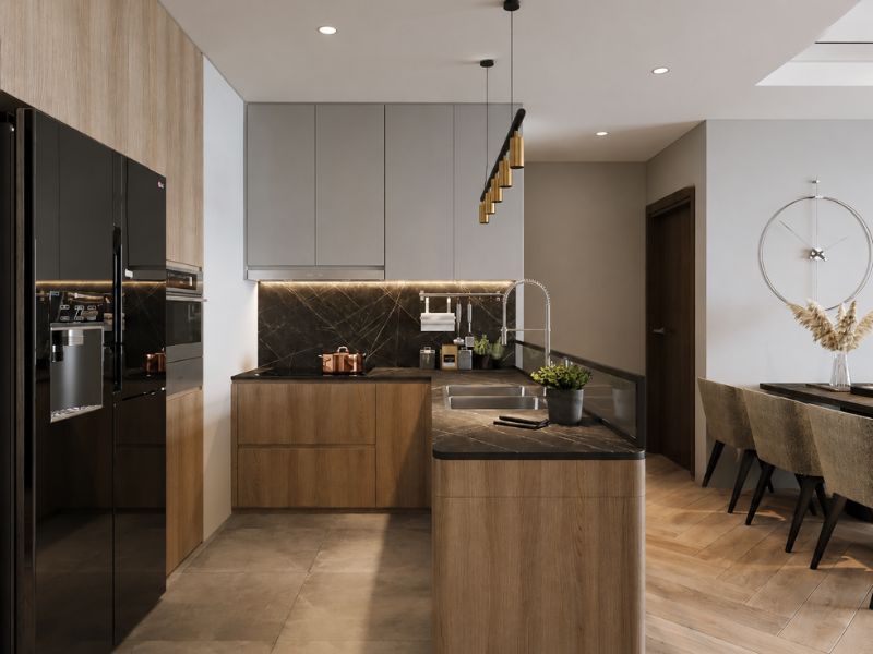 Phòng bếp chữ L căn hộ 45m2 với mặt bàn đá tối màu