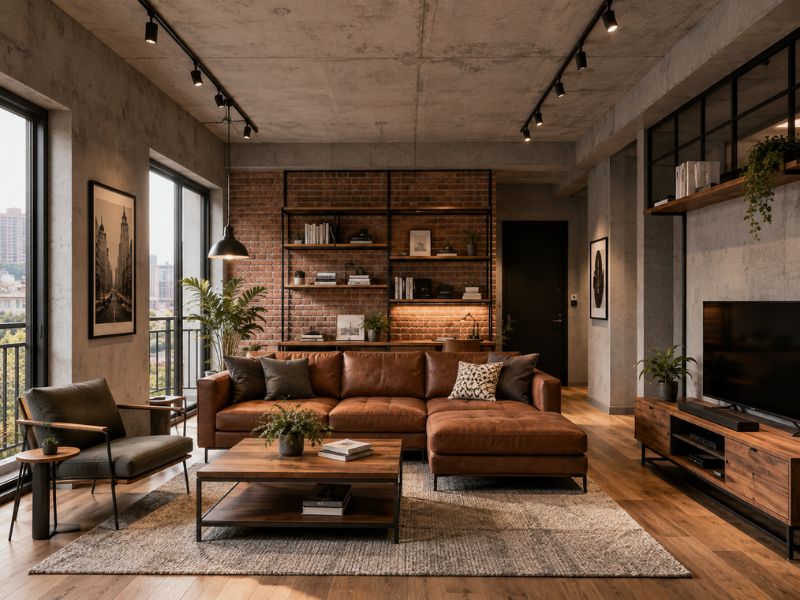 Phòng khách chung cư 50m2 phong cách industrial