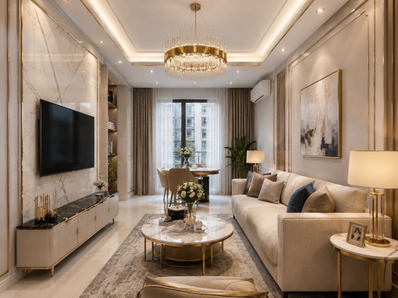 Phòng khách chung cư 50m2 phong cách luxury