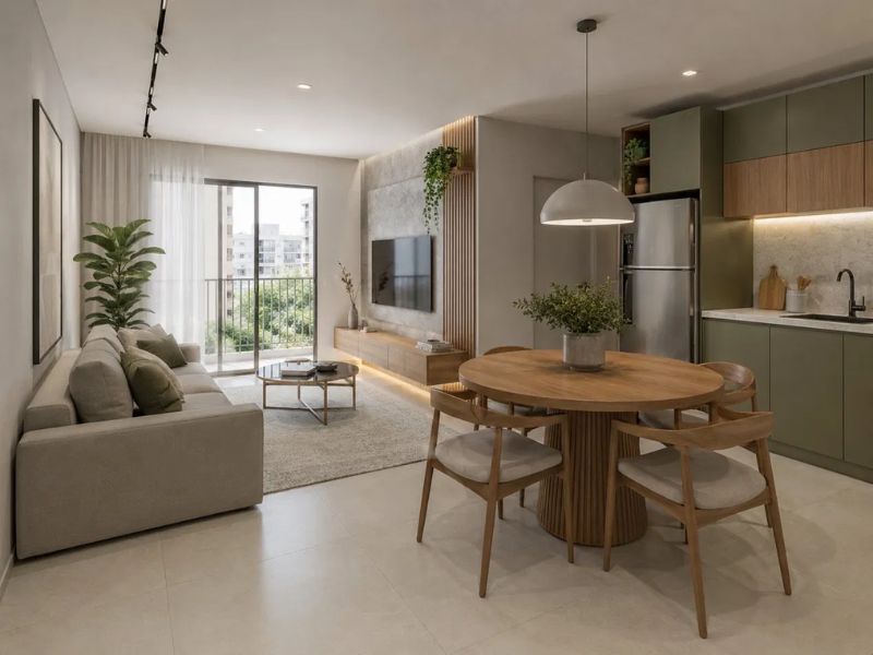 Phòng khách chung cư 50m2 sofa xám nhạt bàn ăn gỗ tròn 4 ghế tủ bếp xanh rêu gỗ tự nhiên cây xanh lớn cửa ban công