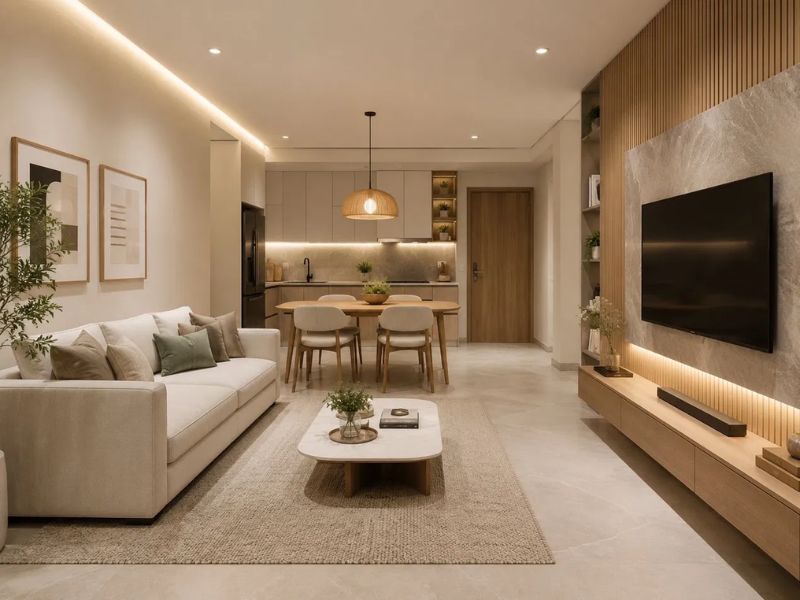 Phòng khách chung cư 50m2 tông be ấm sofa trắng ngà tường TV lanh tô gỗ sọc đứng đá xám kệ floating gỗ sàn gạch lớn