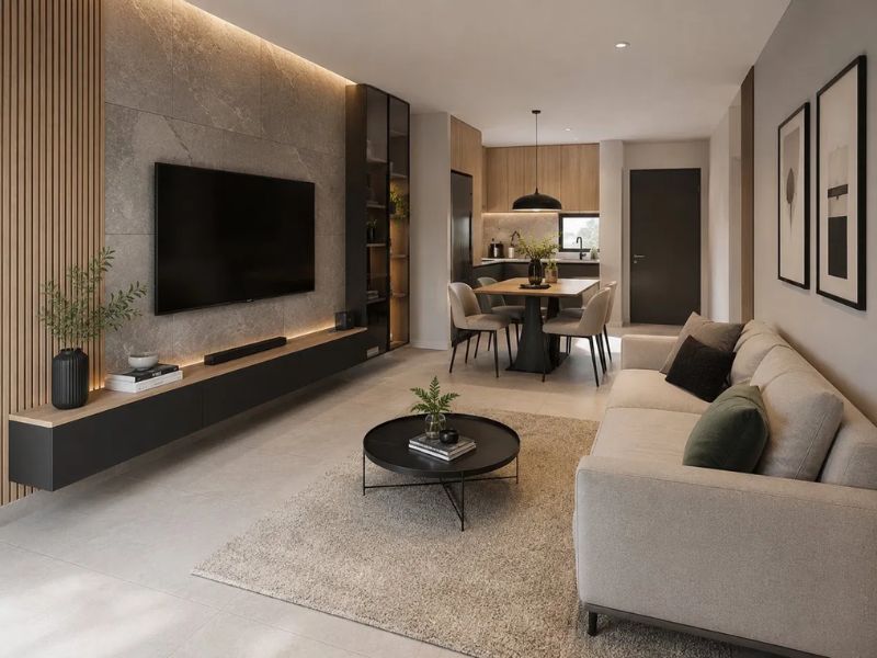 Phòng khách chung cư 50m2 tường TV đá xám kết hợp lanh tô gỗ sọc dọc kệ floating đen gỗ sofa be kem sàn gạch xám nhạt