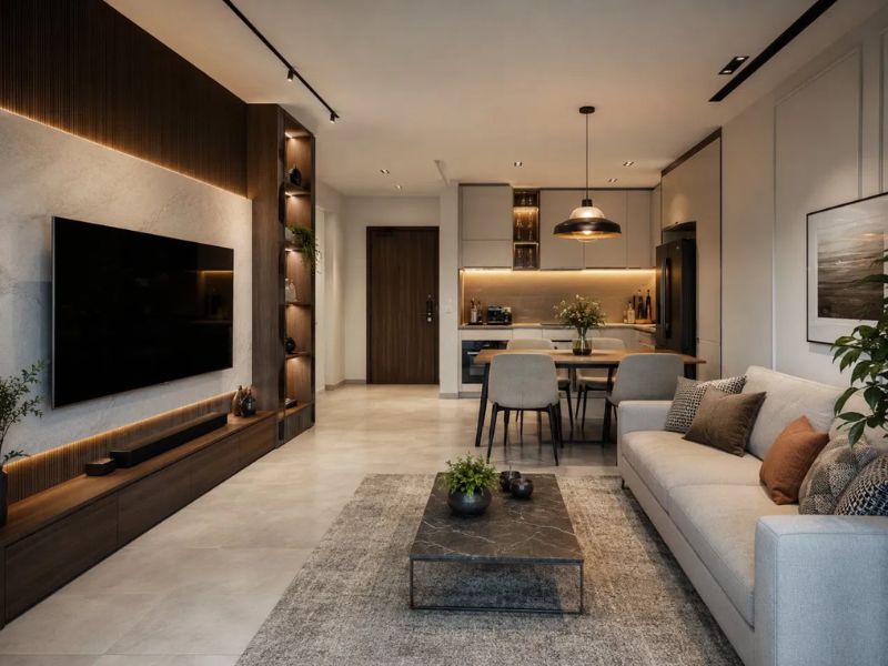 Phòng khách chung cư 50m2 tường TV gỗ óc chó nâu đậm đá xám kệ hở đèn LED sofa xám nhạt bàn trà đá đen liên thông bếp