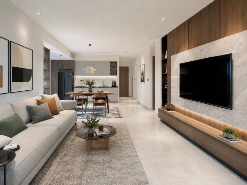 Phòng khách chung cư 50m2 sofa be kem tường TV ốp gỗ óc chó đá xám kệ floating nâu sàn gạch lớn liên thông bàn ăn gỗ và bếp