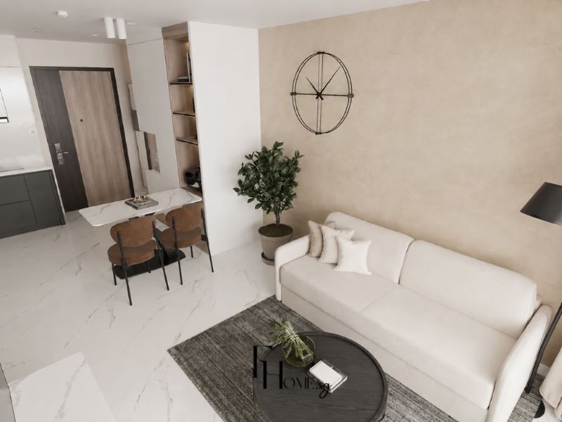 Thiết kế phòng khách chung cư 50m2 phong cách Tối Giản tường be đất thô sofa trắng kem
