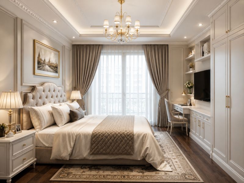 Phòng ngủ chung cư 50m² phong cách Tân Cổ Điển