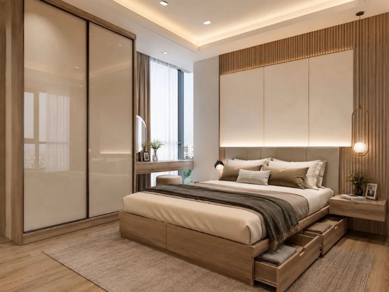 Phòng ngủ chung cư 50m2 tường đầu giường lanh tô gỗ sọc đứng trần giật cấp LED giường ngăn kéo tủ cánh lùa be bóng