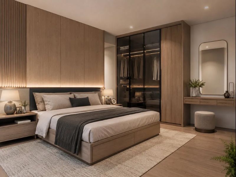 Phòng ngủ chung cư 50m2 tường đầu giường ốp gỗ sẫm lanh tô sọc đứng giường ngăn kéo tủ cánh kính đen bàn trang điểm gỗ gương đứng