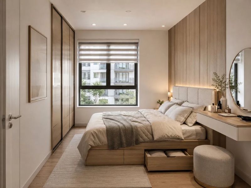 Phòng ngủ chung cư 50m2 tường đầu giường ốp gỗ sồi sáng giường ngăn kéo bàn trang điểm floating tủ cánh lùa gỗ cửa sổ lớn