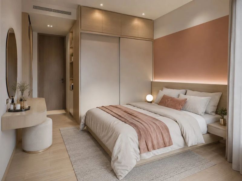 Phòng ngủ chung cư 50m2 tường đầu giường sơn hồng đất giường bục gỗ sồi nhạt tủ cánh lùa trắng bàn trang điểm gương oval