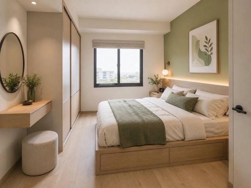 Phòng ngủ chung cư 50m2 tường đầu giường sơn xanh rêu giường bục gỗ sồi nhạt bàn trang điểm floating gương tròn tủ cánh lùa