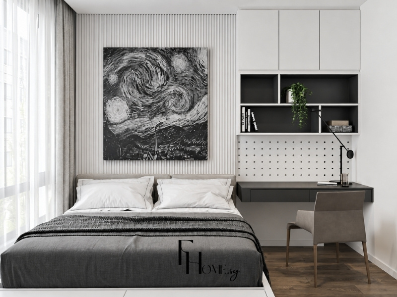Phòng ngủ nhỏ căn hộ 2 phòng ngủ bố trí bàn học treo tường liền kệ sách