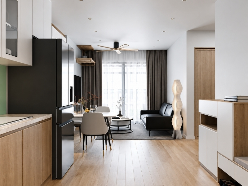 Phong thủy căn hộ chung cư 50m2 bố trí bàn thờ treo tường trang trọng và lối đi thông thoáng