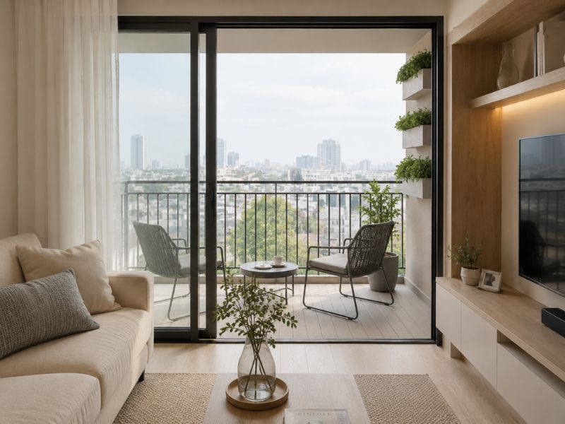 Thiết kế ban công căn hộ 45m2 liên thông phòng khách qua cửa kính lớn, bố trí hai ghế đơn, bàn trà nhỏ và cây xanh treo tường