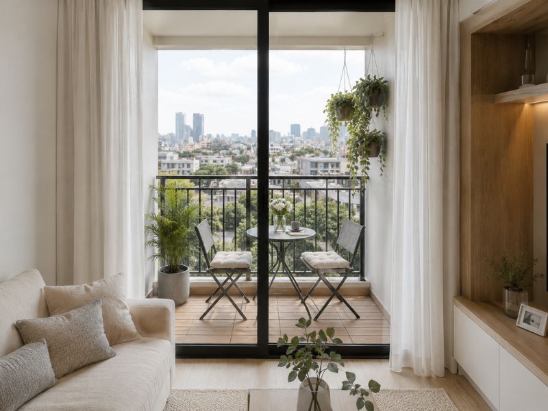 Thiết kế ban công căn hộ 45m2 với bàn tròn nhỏ, hai ghế xếp, chậu cây xanh và cửa kính mở trực tiếp từ phòng khách