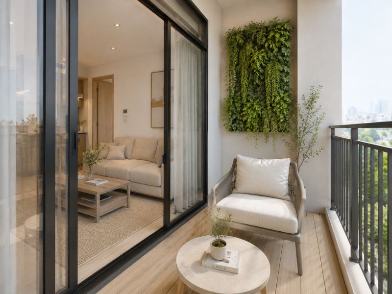 Thiết kế ban công chung cư 45m2 với ghế đơn, bàn trà thấp, mảng cây xanh treo tường và sàn gỗ ngoài trời