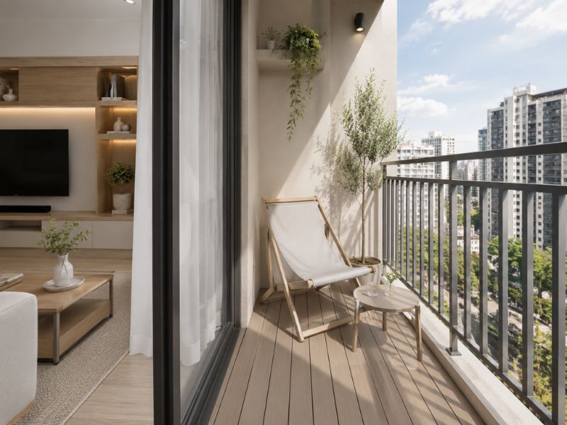 Thiết kế ban công chung cư 45m2 với sàn gỗ ngoài trời, ghế xếp thư giãn, bàn tròn nhỏ và cây xanh sát tường