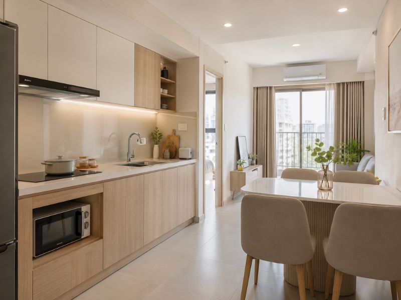 Thiết kế bếp chung cư 45m2 sử dụng tủ gỗ sáng, bề mặt ốp bếp bóng và vật liệu dễ làm sạch trong khí hậu TP.HCM