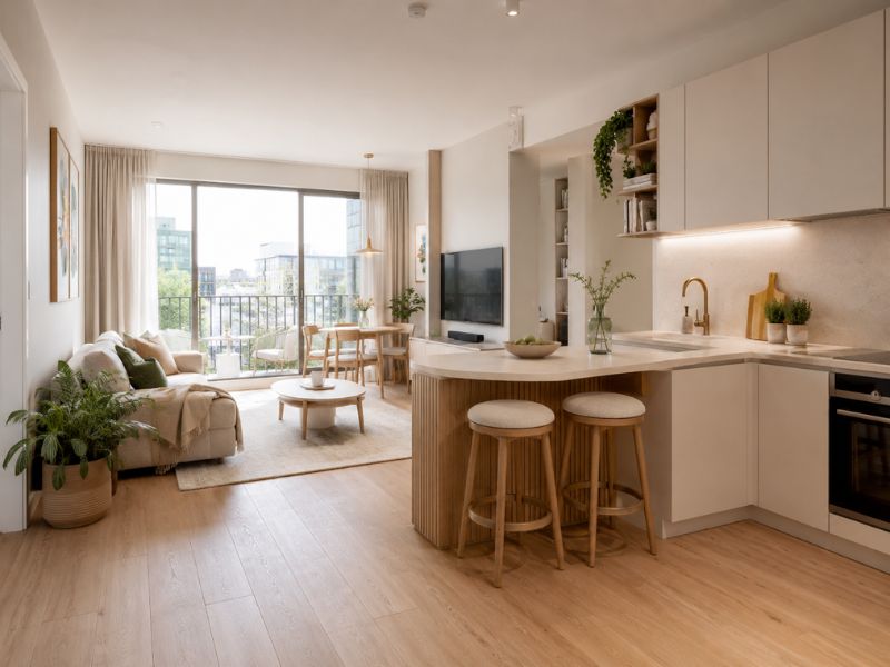 Thiết kế căn hộ 45m2 bố cục mở với đảo bếp bo cong, phòng khách liên thông bàn ăn và cửa kính lớn đón sáng