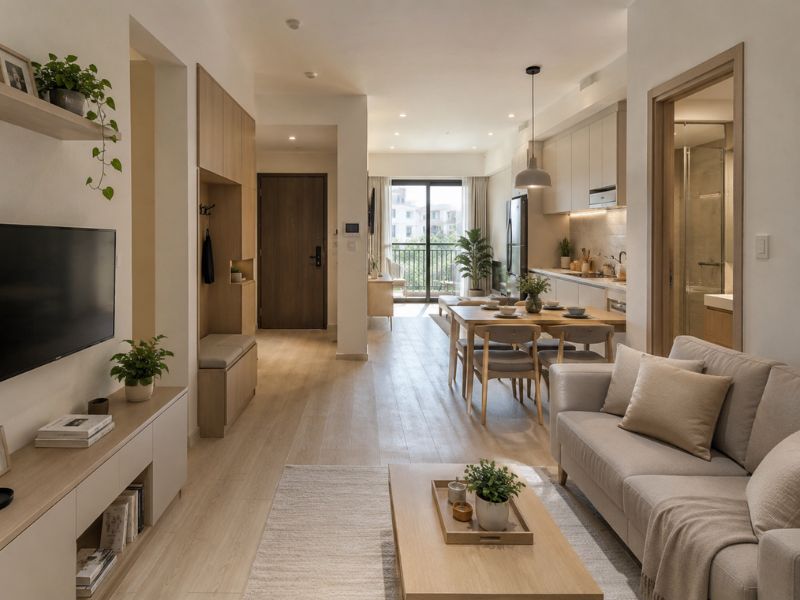 Thiết kế căn hộ 45m2 theo phong thủy với cửa chính không bị nội thất lớn chắn lối, phòng khách bếp bố trí gọn và luồng di chuyển rõ ràng