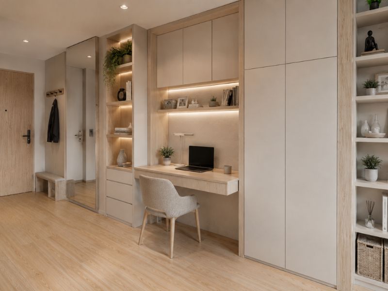 Thiết kế căn hộ 45m2 với bàn làm việc treo tường, tủ âm tường kịch trần và kệ lưu trữ liền khối không chiếm nhiều diện tích sàn