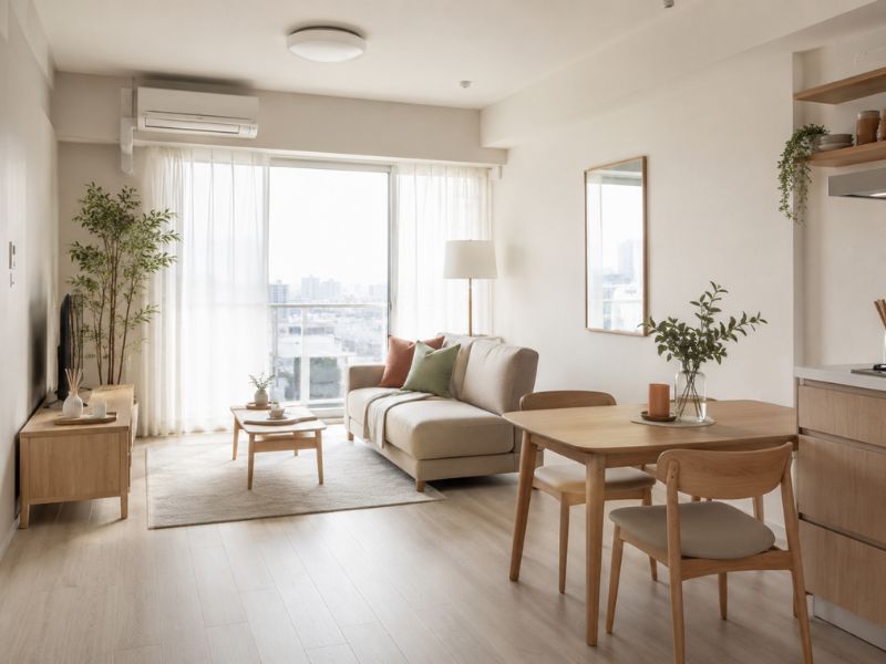 Thiết kế căn hộ 45m2 với tỷ lệ màu sáng hợp lý, phòng khách be nhạt, nội thất gỗ sáng và gương treo tường tăng cảm giác thoáng