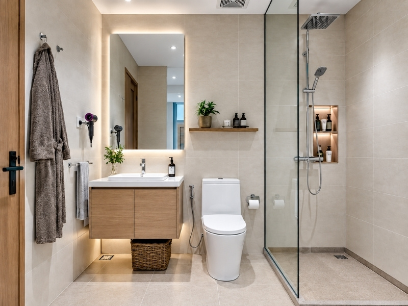 Thiết kế nhà vệ sinh chung cư 50m2 lắp vách kính tắm đứng và tủ lavabo treo tường