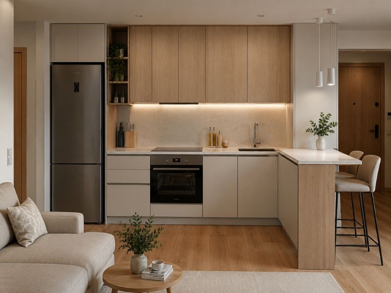 Thiết kế nội thất bếp chung cư 45m2 với tủ bếp chữ I, tủ lạnh liền hệ tủ và quầy bar nhỏ 2 ghế