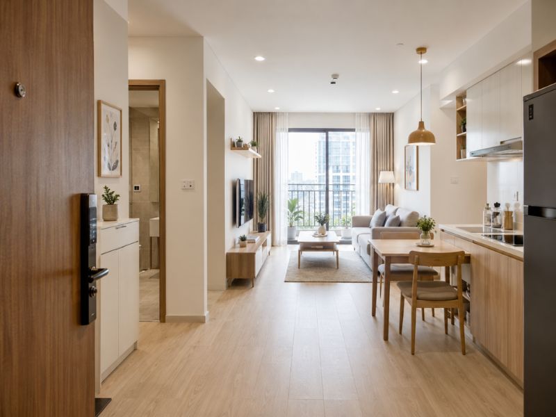 Thiết kế nội thất căn hộ 45m2 cân nhắc phong thủy với cửa chính không nhìn thẳng vào nhà vệ sinh, bếp và phòng khách bố trí liền mạch