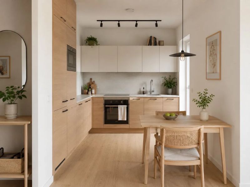 Thiết kế nội thất căn hộ 45m2 phong cách Scandinavian với tủ bếp gỗ sồi, tủ trên trắng mờ và bàn ăn nhỏ ghế mây đan