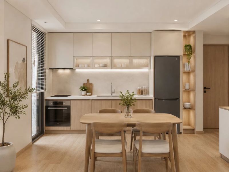 Thiết kế nội thất căn hộ 45m2 phong cách Tối Giản với bếp chữ I, tủ bếp kịch trần và bàn ăn 4 ghế gỗ sáng màu