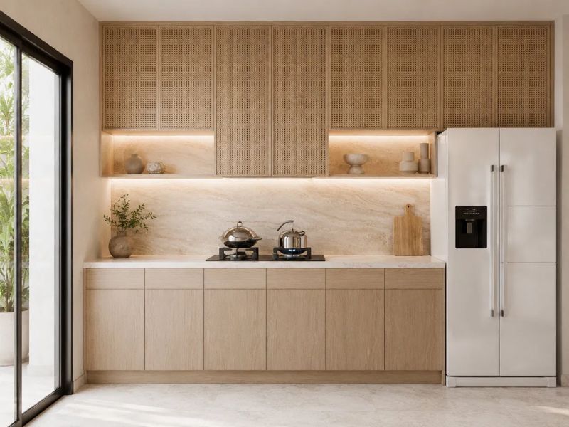 Thiết kế nội thất căn hộ chung cư 45m2 phong cách Wabi Sabi với tủ bếp gỗ sáng, cánh mây đan và đá ốp bếp màu kem