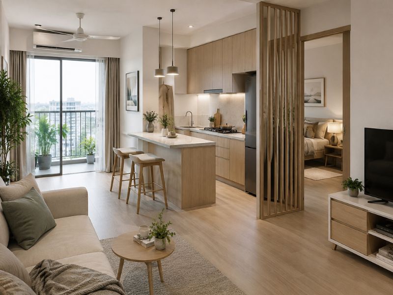 Thiết kế nội thất chung cư 45m2 cân nhắc phong thủy với bếp mở, vách lam gỗ phân khu và phòng ngủ không nhìn thẳng từ khu nấu nướng